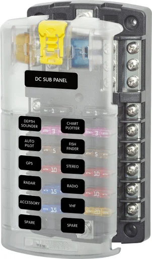 Blue Sea Systems 5026 Fuse Block, Atc, 12 Ckt, W/ Neg Bus+cvr