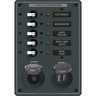Blue Sea Systems 8120 Blue Sea 8120 Breaker Panel 5 Position W/dc Socket & Dual Usb
