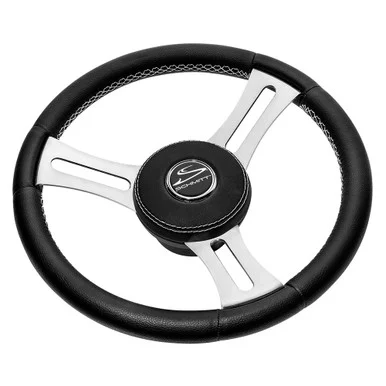 Schmitt Ongaro Marine Products PU085241 Schmitt & Ongaro Torcello Elite 14" Wheel - Black Leather & Cap - White Stitching - Polished Ss Spokes - 3/4" Tapered Shaft