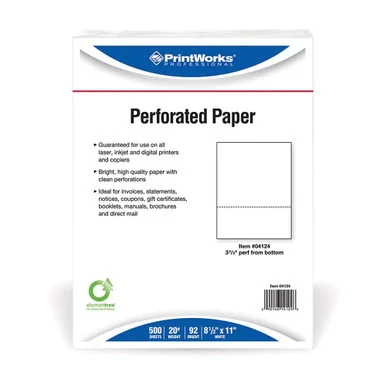 Paris Corp 04124P Perforated Paper, 92 Bright, Perforated 3.66" From Bottom, 8.5 X 11, White, 500 Sheets/ream, 5 Reams/carton