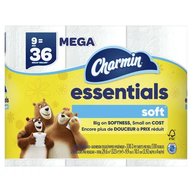 Procter & Gamble 04536 Essentials Soft Bathroom Tissue, Septic Safe, 2-ply, White, 330 Sheets/roll, 9 Rolls/pack, 4 Packs/carton