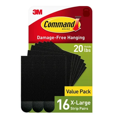 3m 17217BLK16NA Picture Hanging Strips, X-large, Removable, Holds Up To 20 Lbs Per 4 Pairs, 16 Strip Pairs/pack