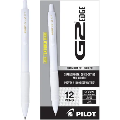 Pilot 20839 G2 Edge Premium Gel Roller Pen, Retractable, Fine 0.7 Mm, Black Ink, White Barrel, Dozen
