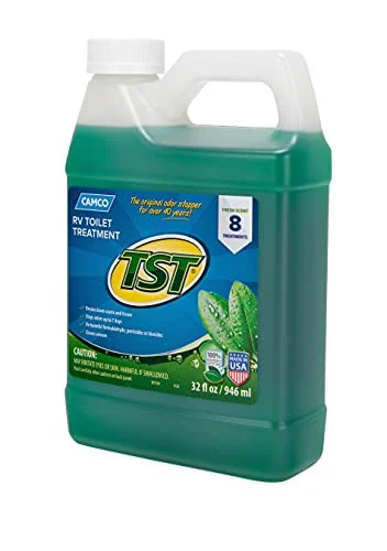Camco 40226 TST Fresh Scent RV Toilet Treatment- Formaldehyde Free- Breaks Down Waste And Tissue- Septic Tank Safe- Treats up to 8 - 40 Gallon Holding Tanks (32 Ounce Bottle) TST Green
