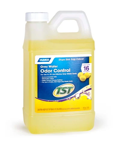 Camco TST Lemon Scent RV Grey Water Odor Control- Stops Sink Trap Odors- For Use In Drains- Sink Traps and Waste Vents- Treats up to 16 - 40 Gallon Holding Tanks (64 Ounce Bottle) - 40256 40256_68