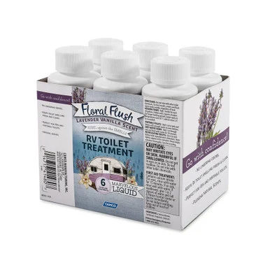 Camco 41480 Floral Flush RV Toilet Treatment Singles- Lavender Vanilla Scent - Eliminates Odors and Breaks Down Waste - Each Bottle Treats Up to 40-gallons - Contains (6) 4 oz. Bottles 41480_68