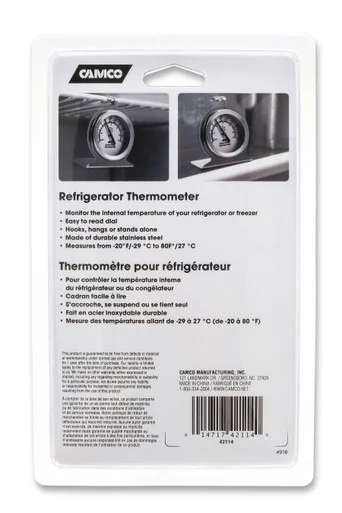 Camco Durable Steel Refrigerator-Freezer Thermometer - Monitors the Internal Temperature of Your Refrigerator or Freezer- Hooks or Stands Alone (42114) 42114_68