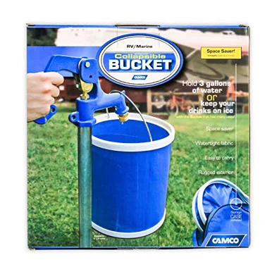 Camco Collapsible Bucket with Storage Case- Durable Pop Up Bucket with Watertight Fabric- Holds 3 Gallons of Water - Great for RVs- Camping- Fishing- Boating- Hiking and More - Blue (42993)- Blank Ski