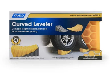 Camco 44423 RV Curved Leveler with Chock - Easy Drive-on Leveler Adds Up to 4 in Height