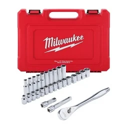 Milwaukee Electric Tools 48-22-9510 Milwaukee Tool 28 Pc 1/2" Drive Metric Ratchet And Socket Set With Four Flat Sides