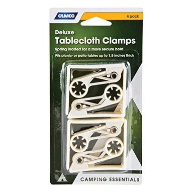 Camco Deluxe Table Cloth Clamp - Secures Your Table Cloth in Place and Prevents Lifting and Sliding During Windy Weather ; Fits Standard Picnic- Patio- and Campsite Tables - Pack of 4 (51077)