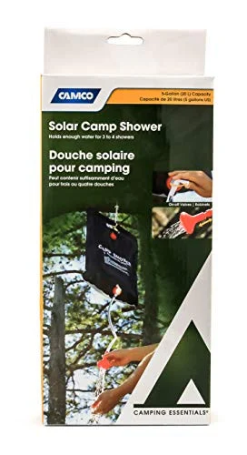 Camco Outdoor Natural Solar Shower with On-Off Valve for Campsites - Holds 5 Gallons of Water- Sufficient for 3-4 Showers- Excellent for Camping- Hiking- RVing- and Traveling (51368)- White