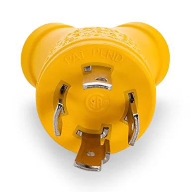 Camco Heavy Duty PowerGrip 4-Prong Generator Adapter - Allows You to Easily and Safely Distribute Power from 30 Amp Male Receptacle Into Two 15 Amp Female Receptacles (55438)