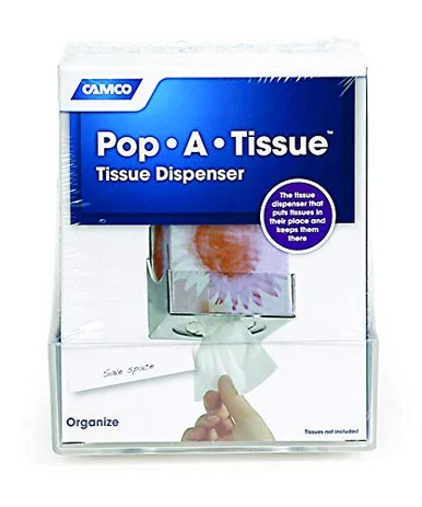 Camco Pop-A-Tissue- Tisssue Box Holder- Mounts to Walls and Cabinets- Dispenses Tissue and Holds Tissue Boxes Upward or Downward- Perfect for RVs and Trailers- Easy Install - Clear (57101) 57101_68