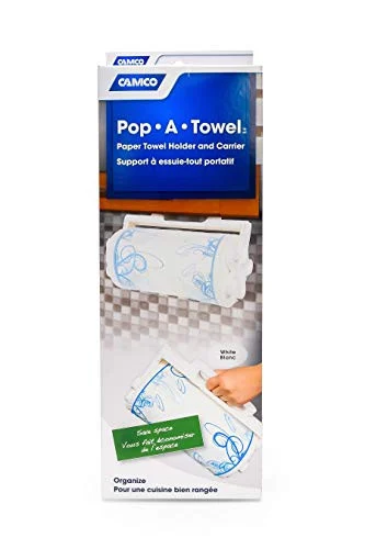 Camco Pop-A-Towel- Mountable or Portable Paper Towel Holder Dispenser- Keep Paper Towels Clean- Conserve Space in Your RV Kitchen (White) (57111)