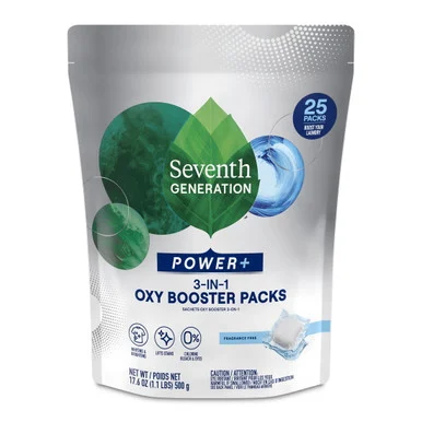 Seventh Generation 68927608 Power+ 3-in-1 Oxy Booster Packs, Fragrance Free, 17.6 Oz, 25 Tabs/pack, 6 Packs/carton
