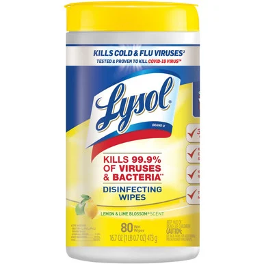 Lysol 77182CT Disinfecting Wipes, 1-ply, 7 X 7.25, Lemon And Lime Blossom, White, 80 Wipes/canister, 6 Canisters/carton