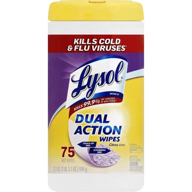 Lysol 81700CT Dual Action Disinfecting Wipes, 1-ply, 7 X 7.5, Citrus, White/purple, 75/canister, 6 Canisters/carton