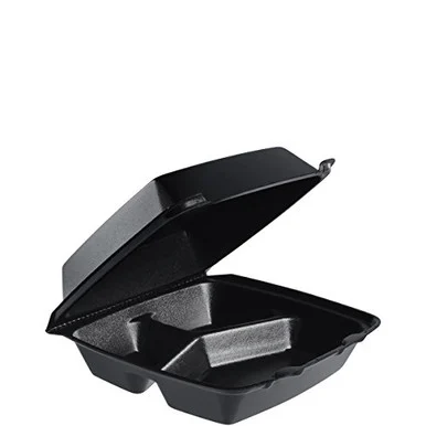 Dart 85HTB3R Insulated Foam Hinged Lid Containers, 3 Compartments, 7.96 X 3.2 X 8.36, Black, Foam, 200/carton