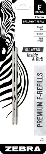 Zebra Pen 89112 F-series Ballpoint Stainless Steel Pen Refill, Fine 0.8 Mm Conical Tip, Black Ink, 2/pack