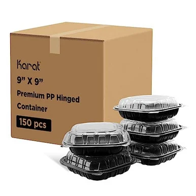 Karat FPPHC99PP1C Polypropylene Plastic Hinged Container, 9 X 9 X 3, Black/clear, Plastic, 50/pack, 3 Packs/carton