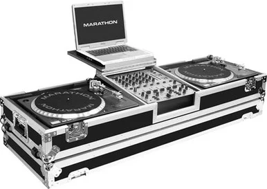 Marathon MA-DJ12WLTS Coffin Holds 2 Turntables In Standard Style Position W/12-in Mixer W/low Profile Wheels & Laptop Shelf To Hold Up To A 17-in Laptop. Holds 12-in Mixers Such As: Pioneer Djm-800