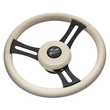 Schmitt Ongaro Marine Products PU081B11 Schmitt Marine Torcello Elite 14" Wheel - Beige Leather & Cap - White Stitching - Black Ss Spokes - 3/4" Tapered Shaft